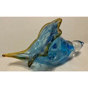 Murano Art Glass Clear Blue Gold White Conch Seashell Bowl Office bath Decor
